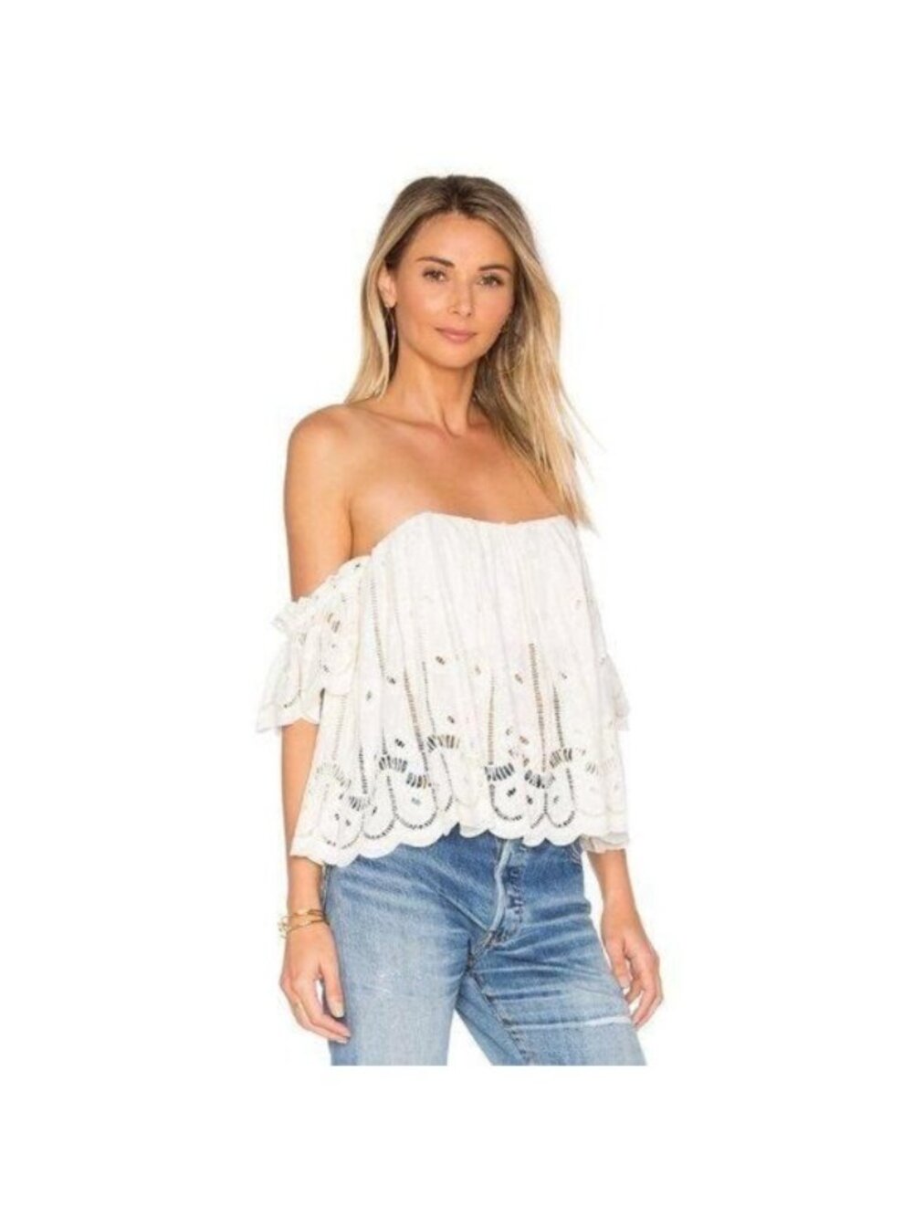 Tularosa Amelia Off-Shoulder Ivory Eyelet Crop Top